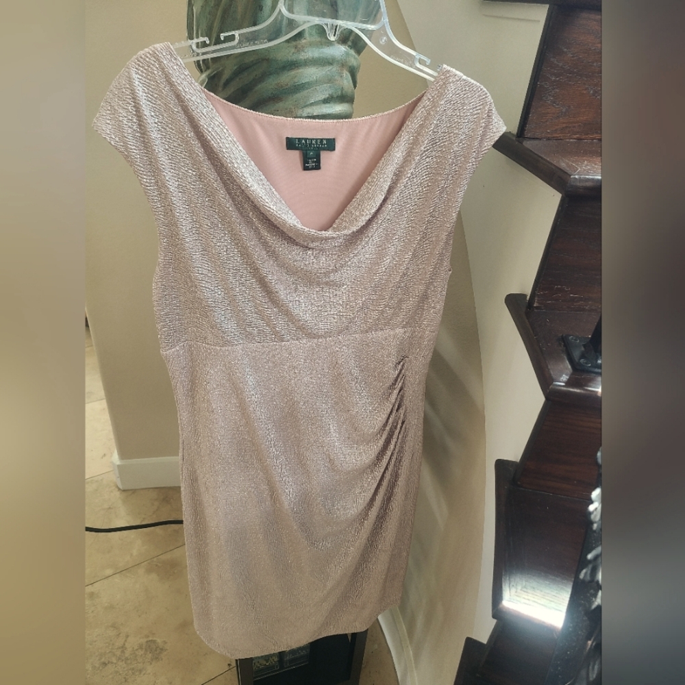 Gold Cowl Neck Ruched Ralph Lauren Cocktail Dress L 14